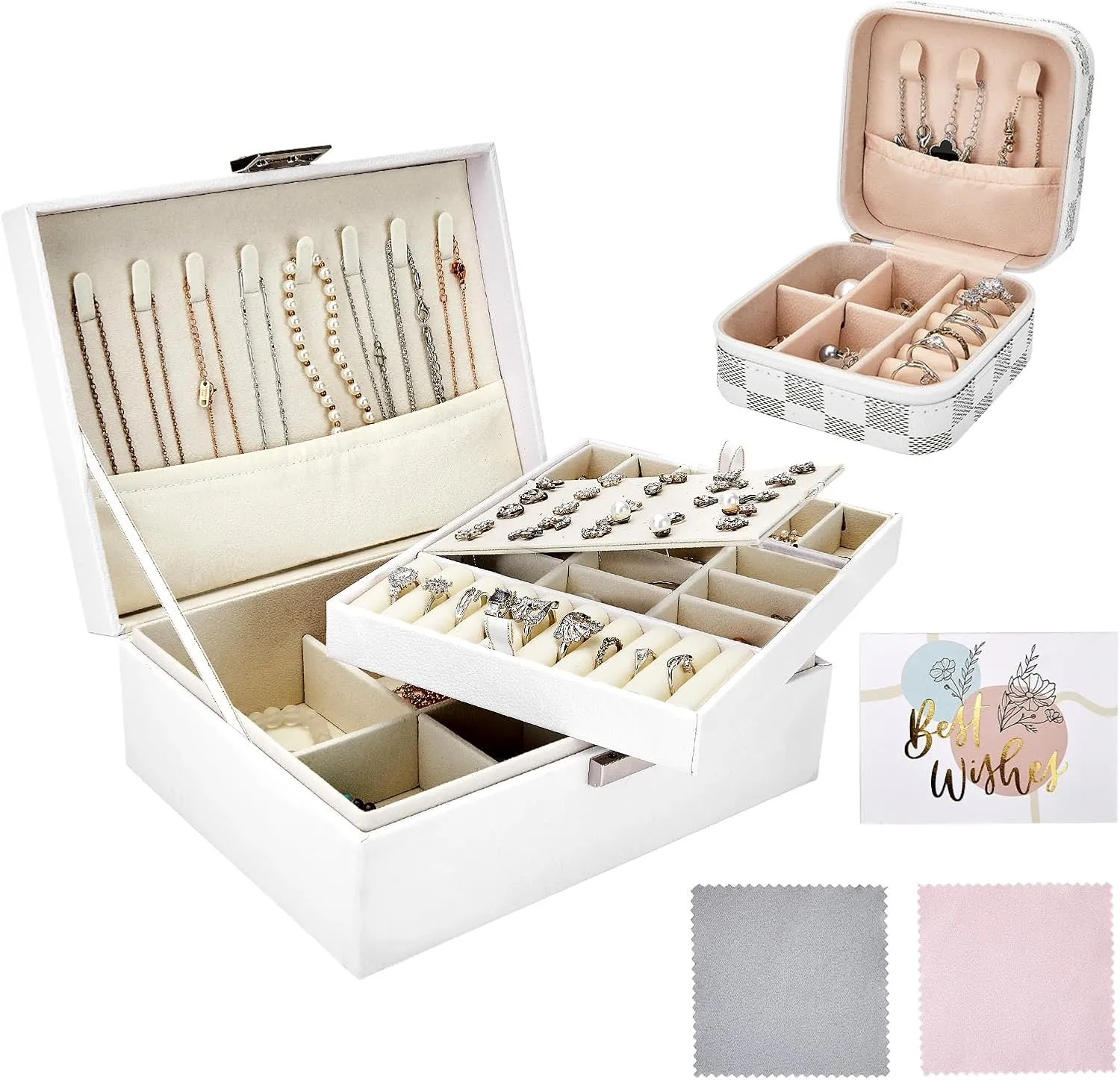 Jewelry Box Organizer for Women - 2 Layer Jewelry Organizer Set with Small Travel Jewelry Case for Girls Ring Earring Necklace Bracelet, PU Leather Jewelry Boxes with Removable Tray (White)