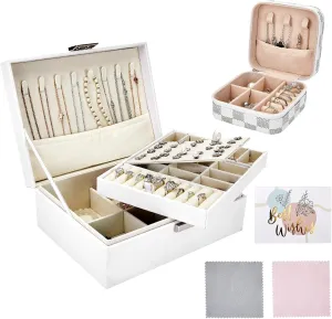 Jewelry Box Organizer for Women - 2 Layer Jewelry Organizer Set with Small Travel Jewelry Case for Girls Ring Earring Necklace Bracelet, PU Leather Jewelry Boxes with Removable Tray (White) Jewelry Box Organizer for Women - 2 Layer Jewelry Organizer Set with Small Travel Jewelry Case for Girls Ring Earring Necklace Bracelet, PU Leather Jewelry Boxes with Removable Tray (White)