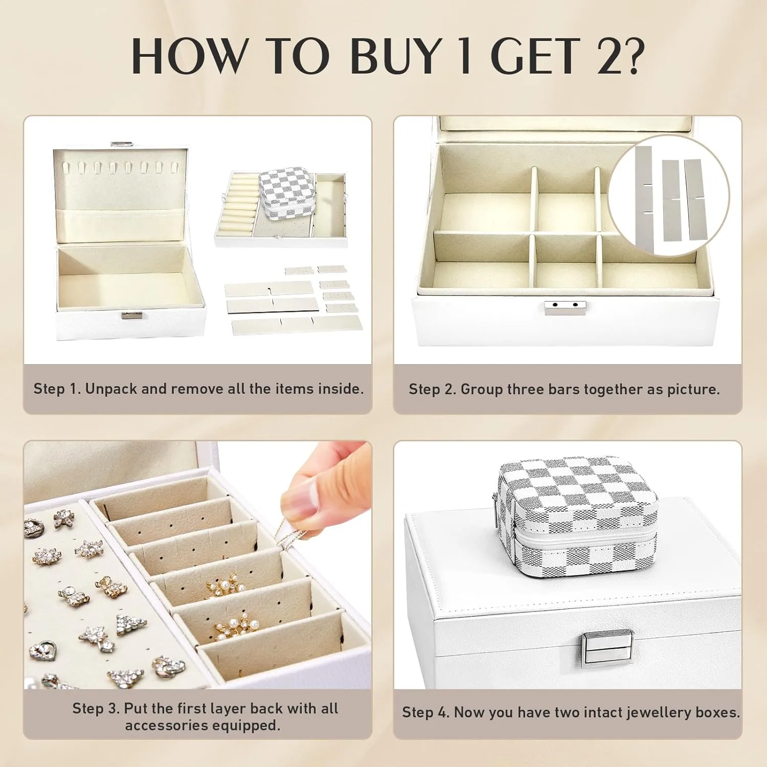 Jewelry Box Organizer for Women - 2 Layer Jewelry Organizer Set with Small Travel Jewelry Case for Girls Ring Earring Necklace Bracelet, PU Leather Jewelry Boxes with Removable Tray (White)