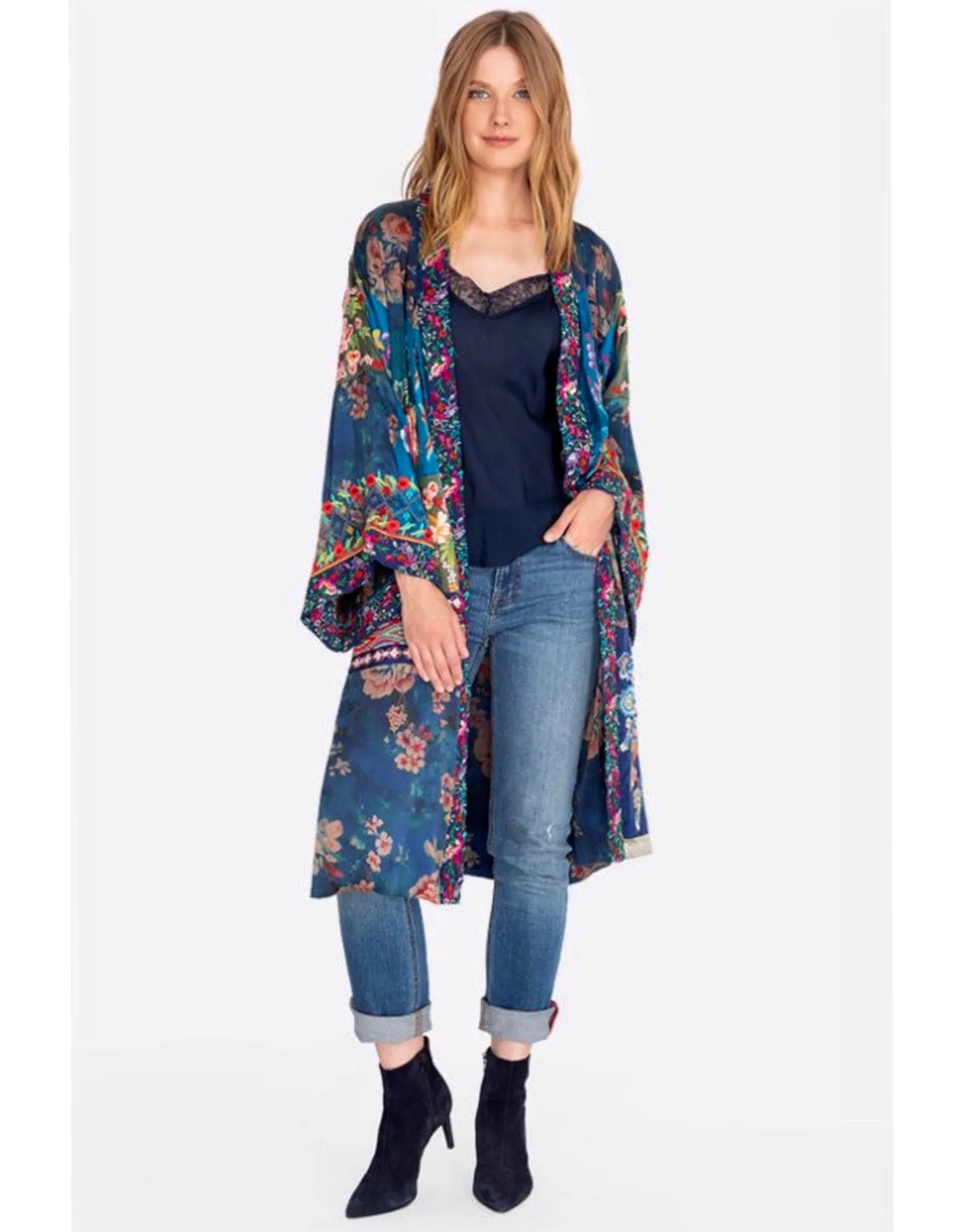 JOHNNY WAS STRETCH SILK HAZEL LONG KIMONO