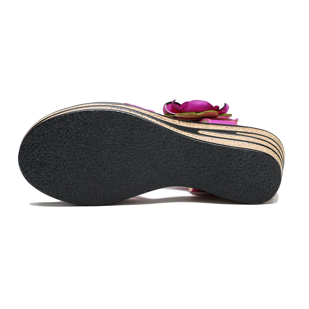 Leather Hand-polished Three-dimensional Flower Comfortable Wedge Sandals