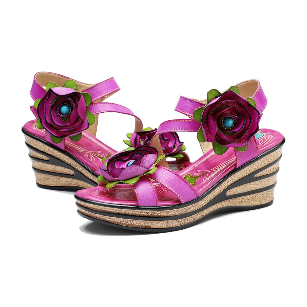 Leather Hand-polished Three-dimensional Flower Comfortable Wedge Sandals