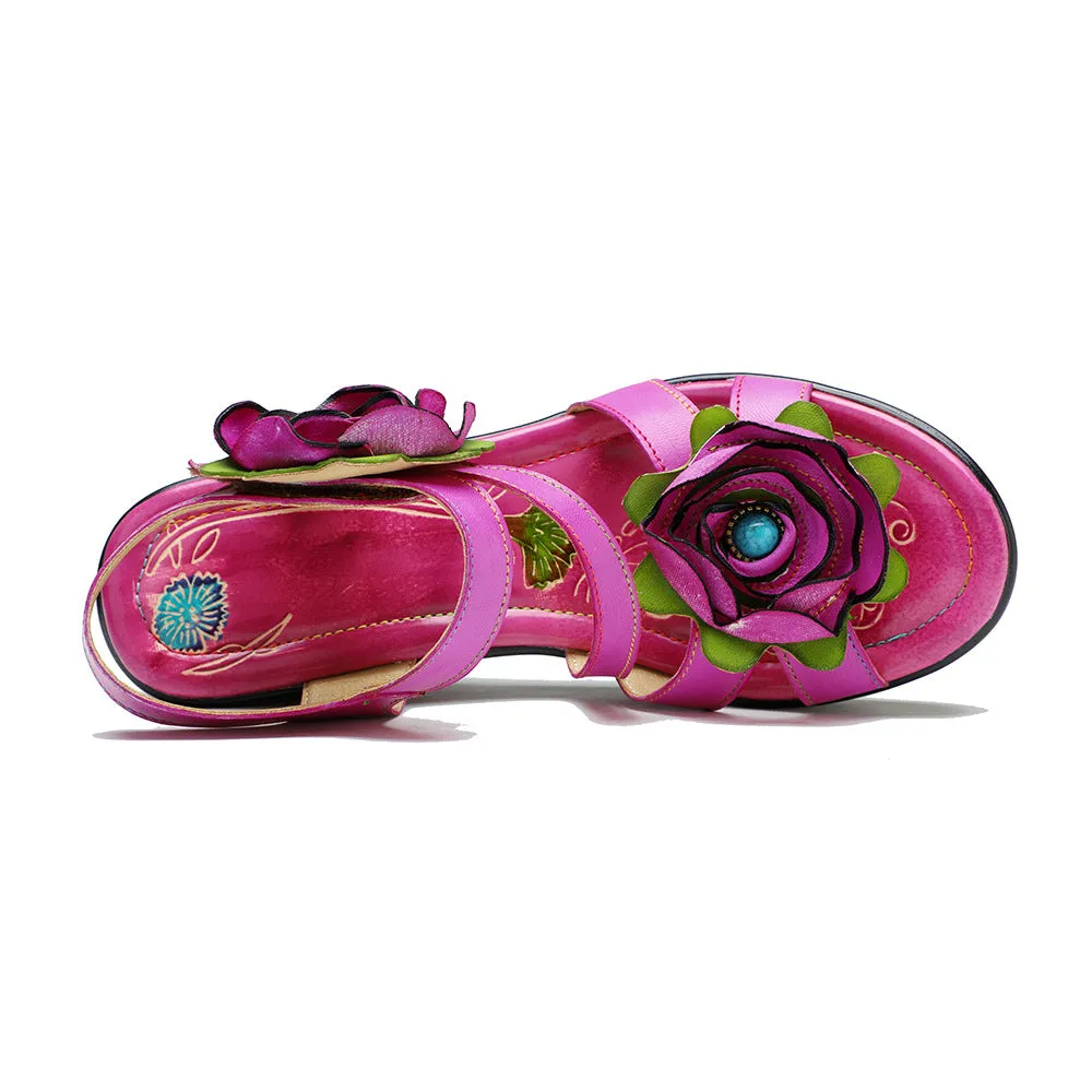 Leather Hand-polished Three-dimensional Flower Comfortable Wedge Sandals