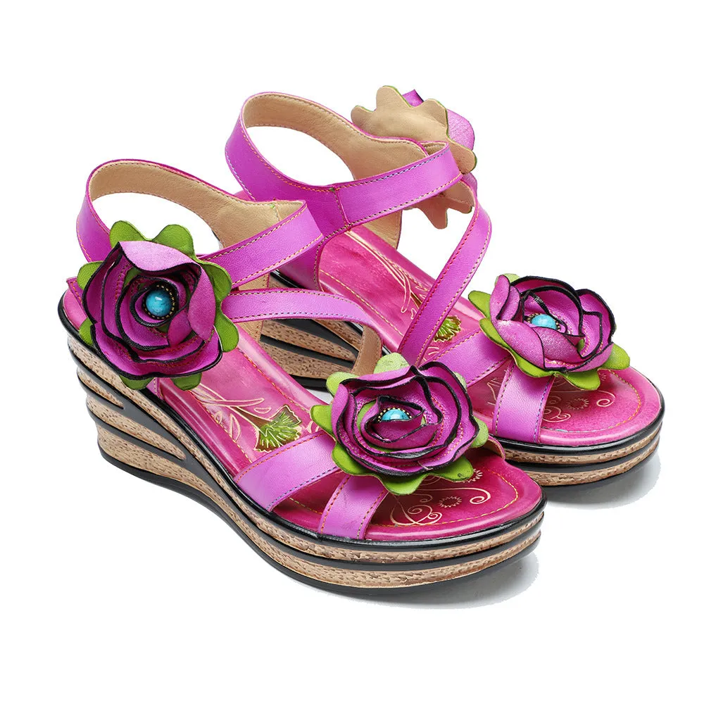 Leather Hand-polished Three-dimensional Flower Comfortable Wedge Sandals