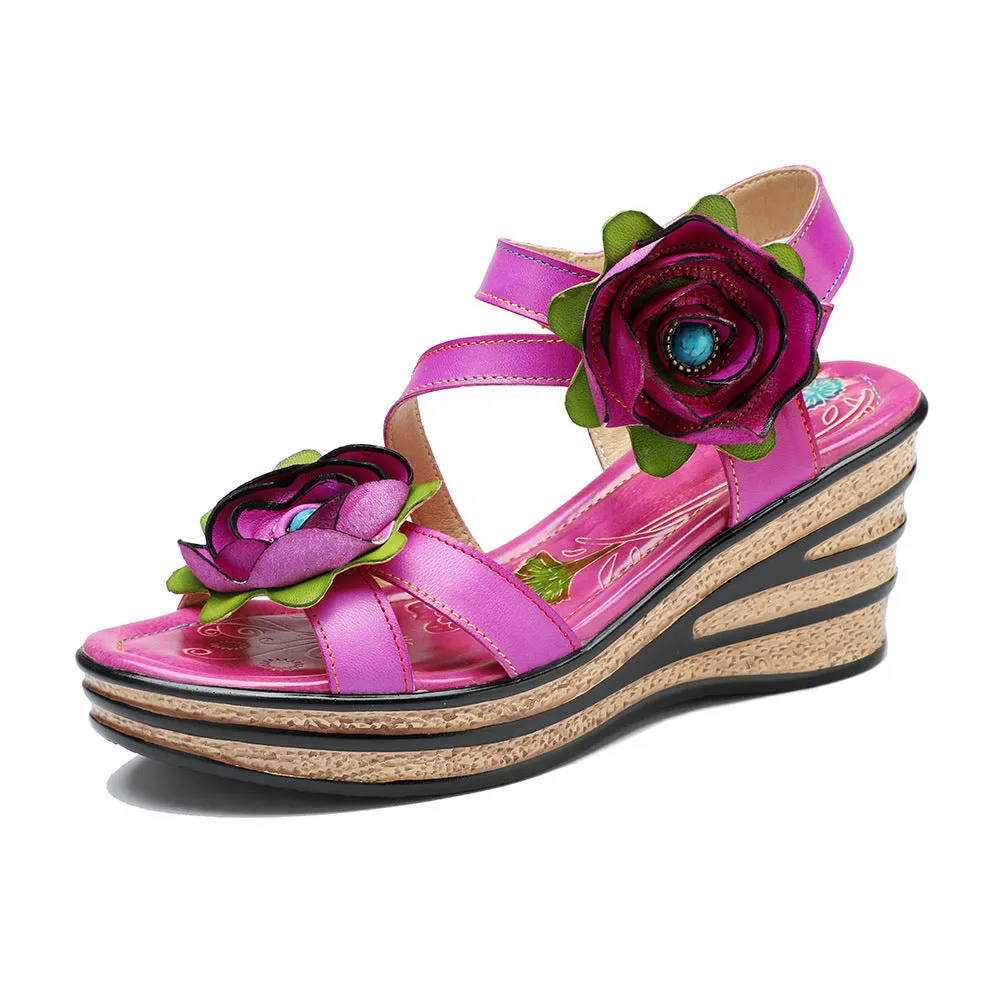 Leather Hand-polished Three-dimensional Flower Comfortable Wedge Sandals