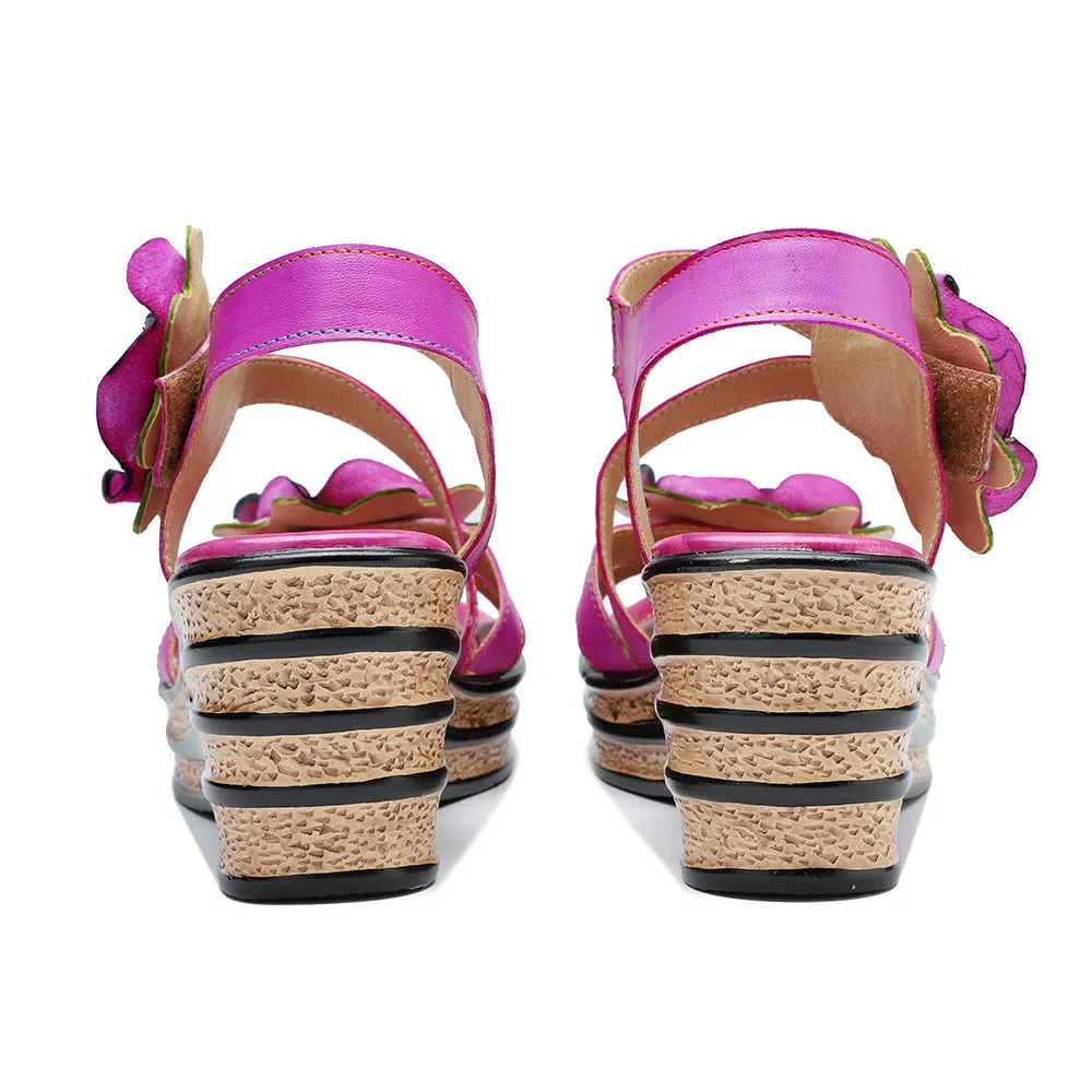 Leather Hand-polished Three-dimensional Flower Comfortable Wedge Sandals