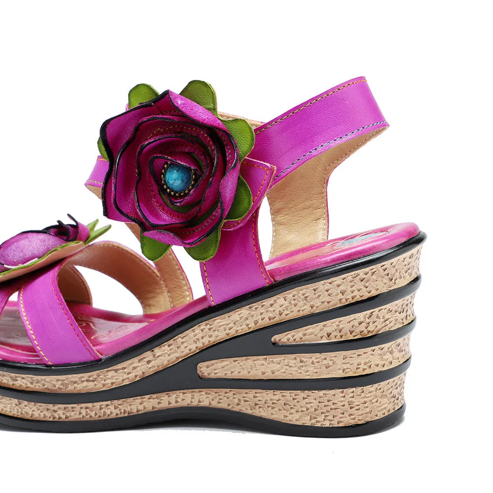 Leather Hand-polished Three-dimensional Flower Comfortable Wedge Sandals