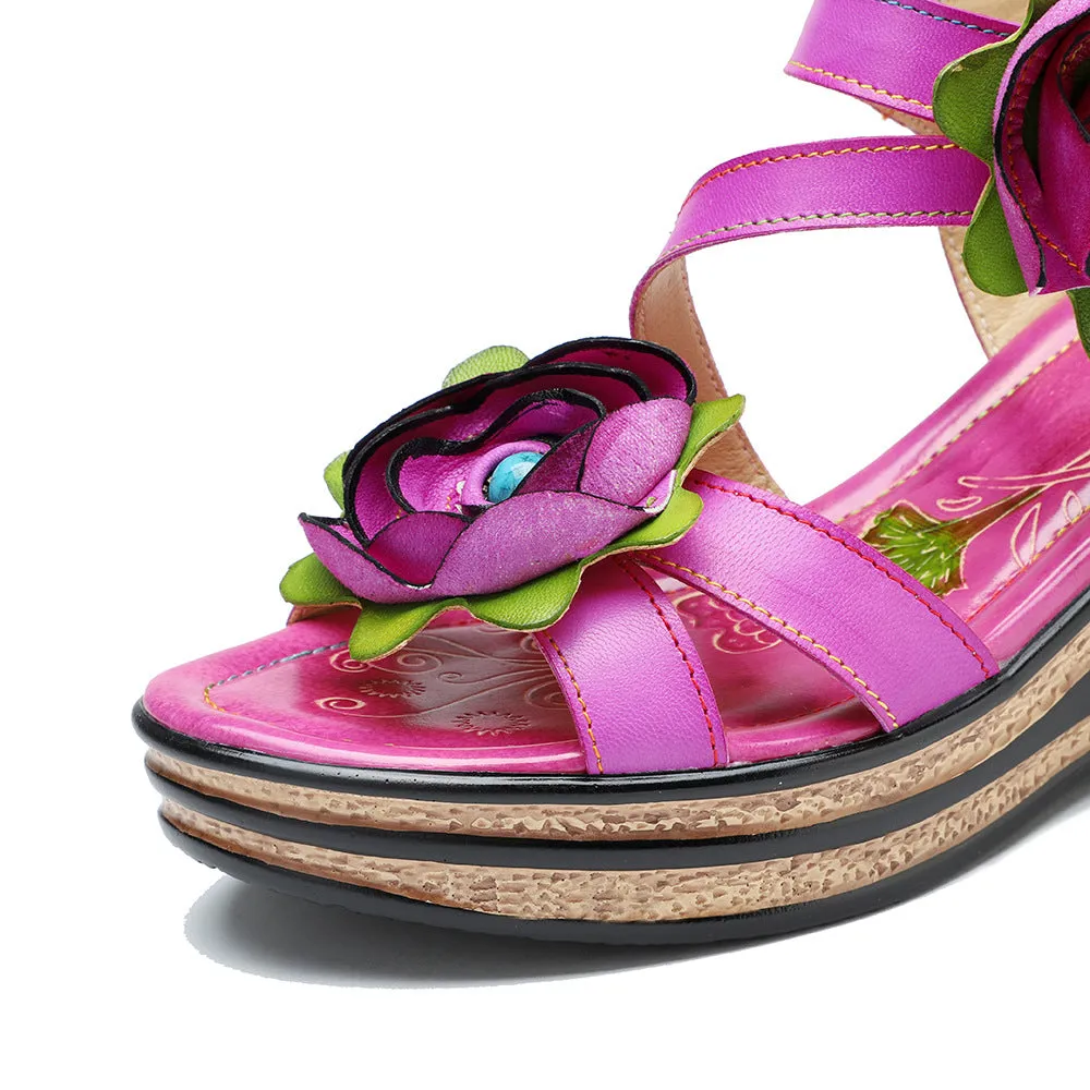 Leather Hand-polished Three-dimensional Flower Comfortable Wedge Sandals