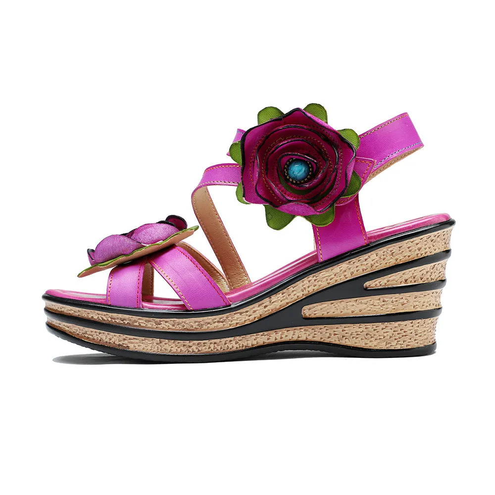 Leather Hand-polished Three-dimensional Flower Comfortable Wedge Sandals