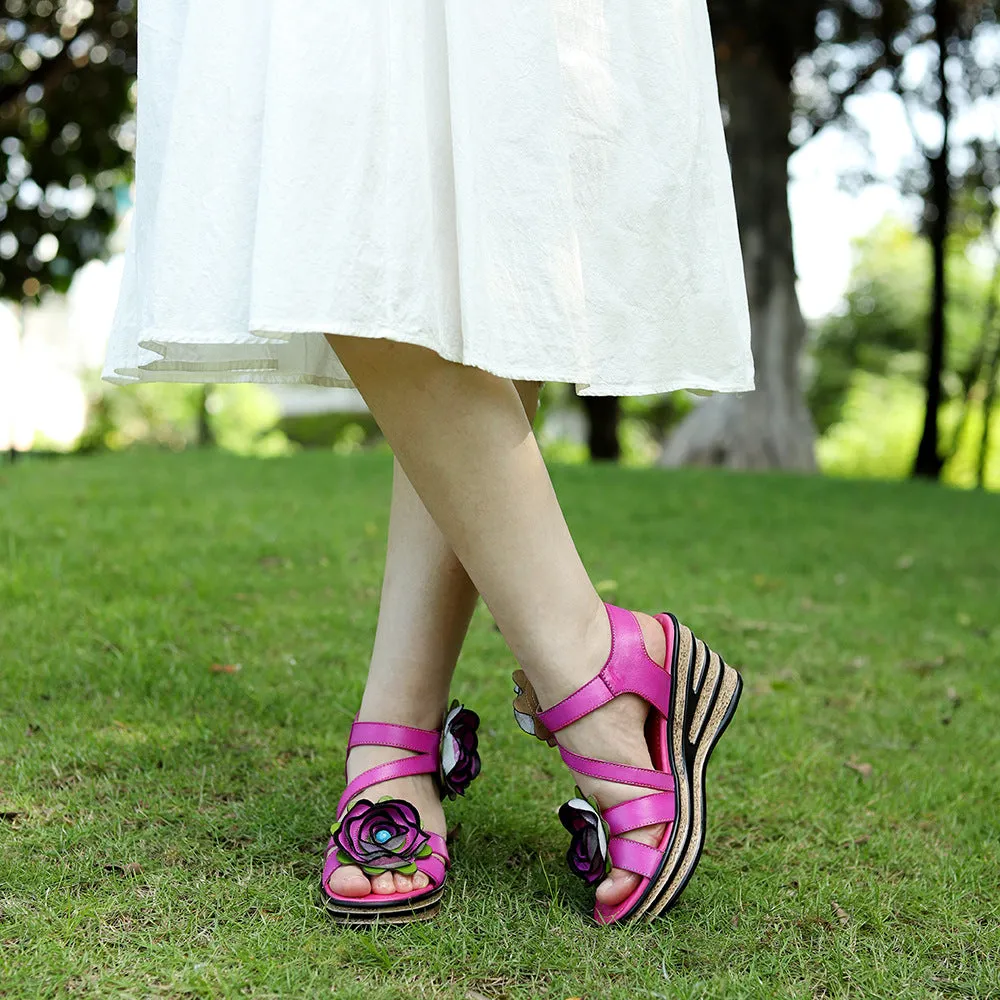 Leather Hand-polished Three-dimensional Flower Comfortable Wedge Sandals
