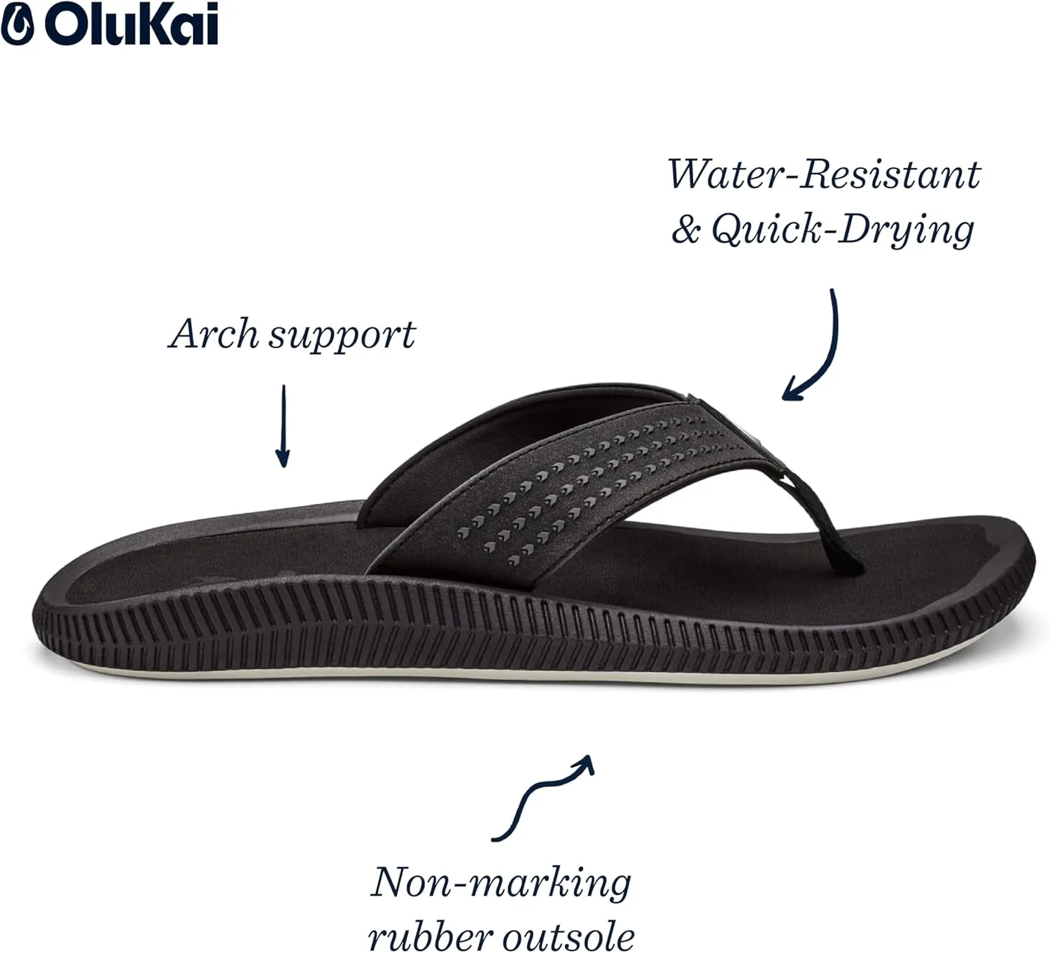 OLUKAI Ulele Men's Beach Sandals, Water Resistant Flip Flops, Arch Support & Comfort Fit, Lightweight & Durable, Enhanced Grip & Traction