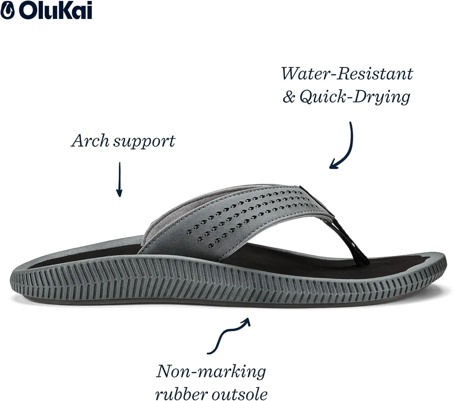 OLUKAI Ulele Men's Beach Sandals, Water Resistant Flip Flops, Arch Support & Comfort Fit, Lightweight & Durable, Enhanced Grip & Traction
