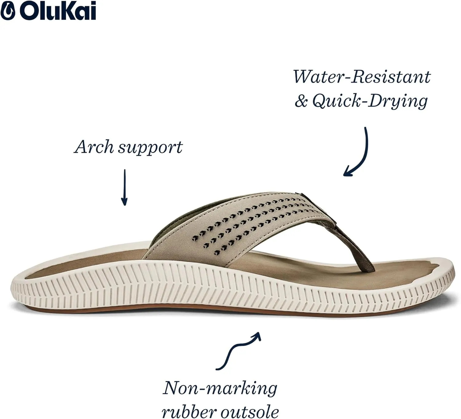 OLUKAI Ulele Men's Beach Sandals, Water Resistant Flip Flops, Arch Support & Comfort Fit, Lightweight & Durable, Enhanced Grip & Traction