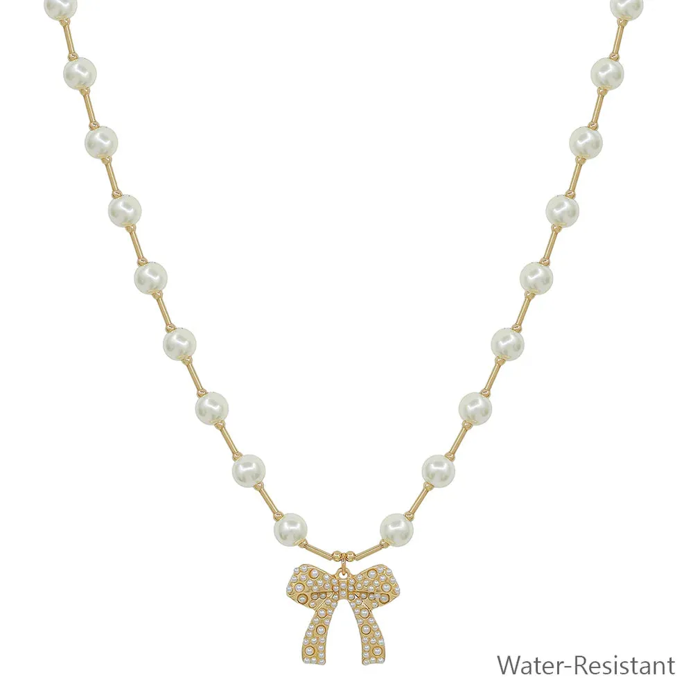 Pearl Beaded Bow Necklace (Water Resistant)