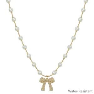 Pearl Beaded Bow Necklace (Water Resistant)
