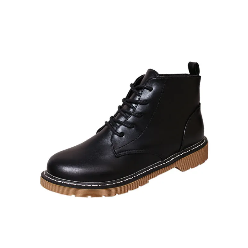 Pure Color PU Chunky Heel Round Toe Lace-Up Short Martin Boots