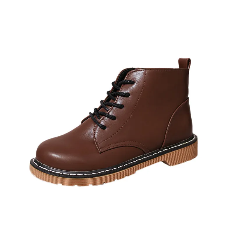 Pure Color PU Chunky Heel Round Toe Lace-Up Short Martin Boots