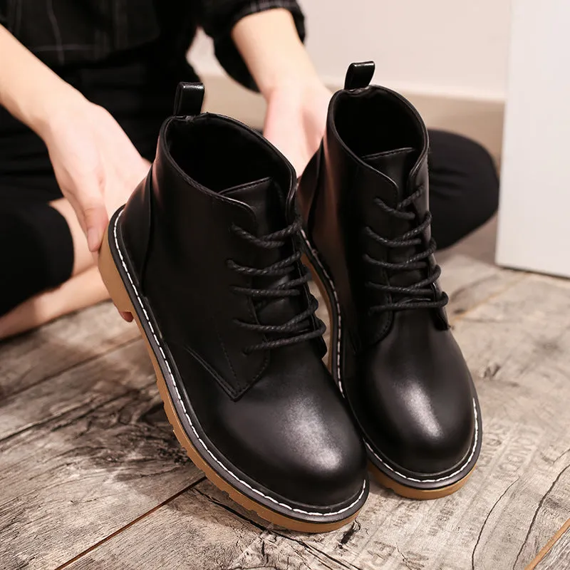 Pure Color PU Chunky Heel Round Toe Lace-Up Short Martin Boots