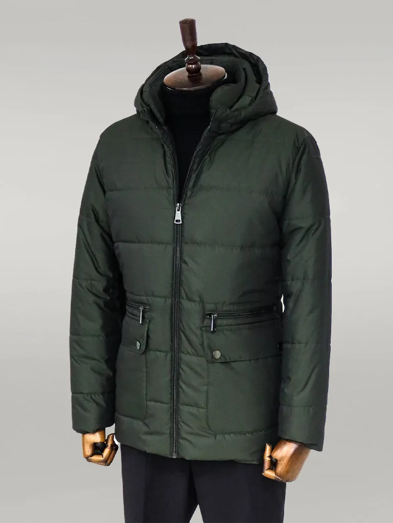 Slim Fit Hooded Green Men Coat - Wessi