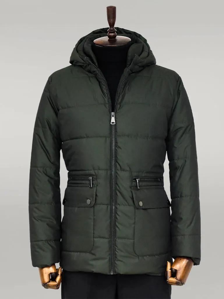 Slim Fit Hooded Green Men Coat - Wessi