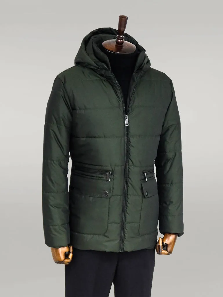 Slim Fit Hooded Green Men Coat - Wessi