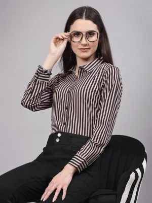 Style Quotient Women Nude and Black Polyester Striped Regular Formal Shirt