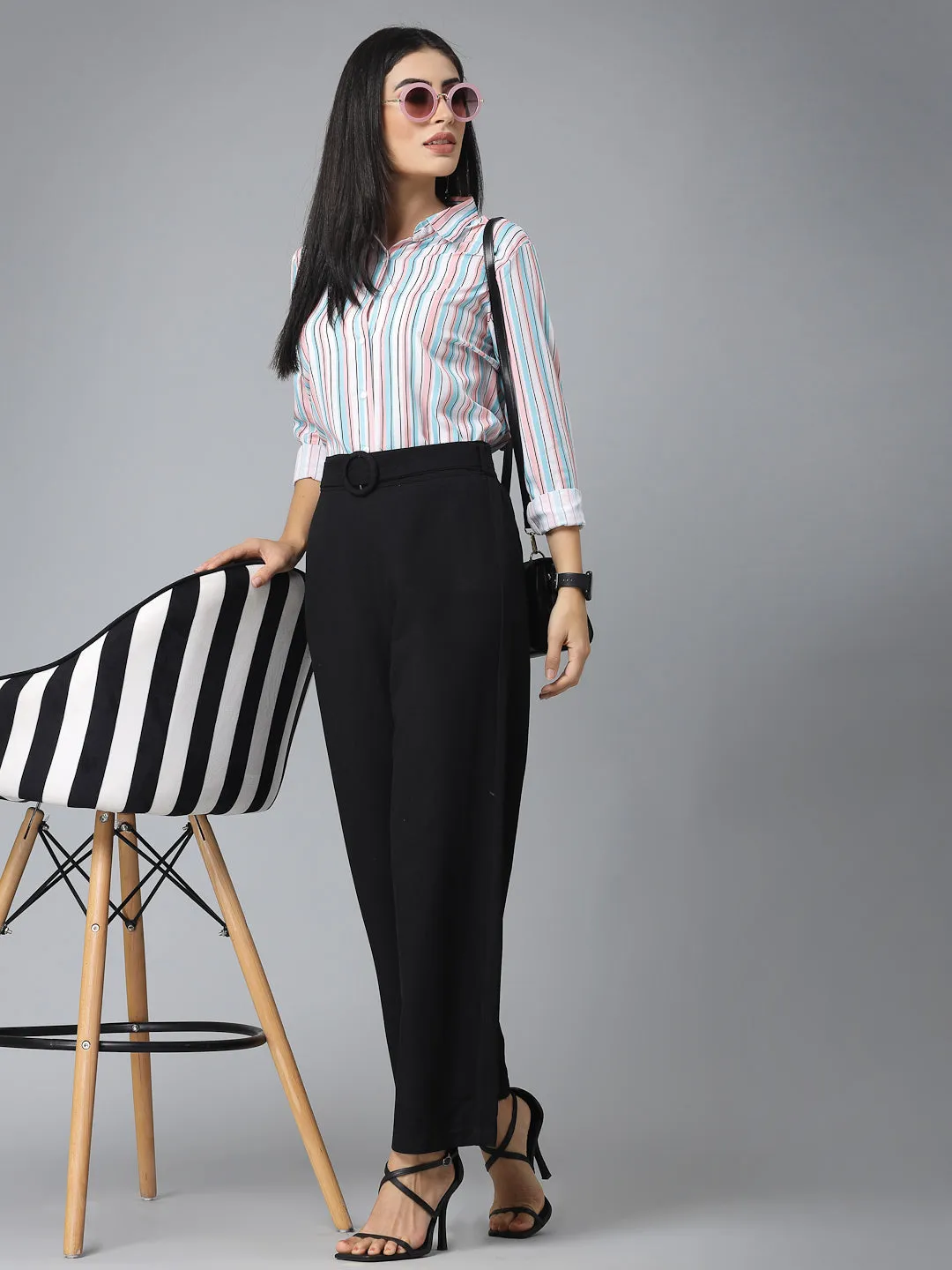 Style Quotient Women Pink and Blue Striped Regular Formal Shirt