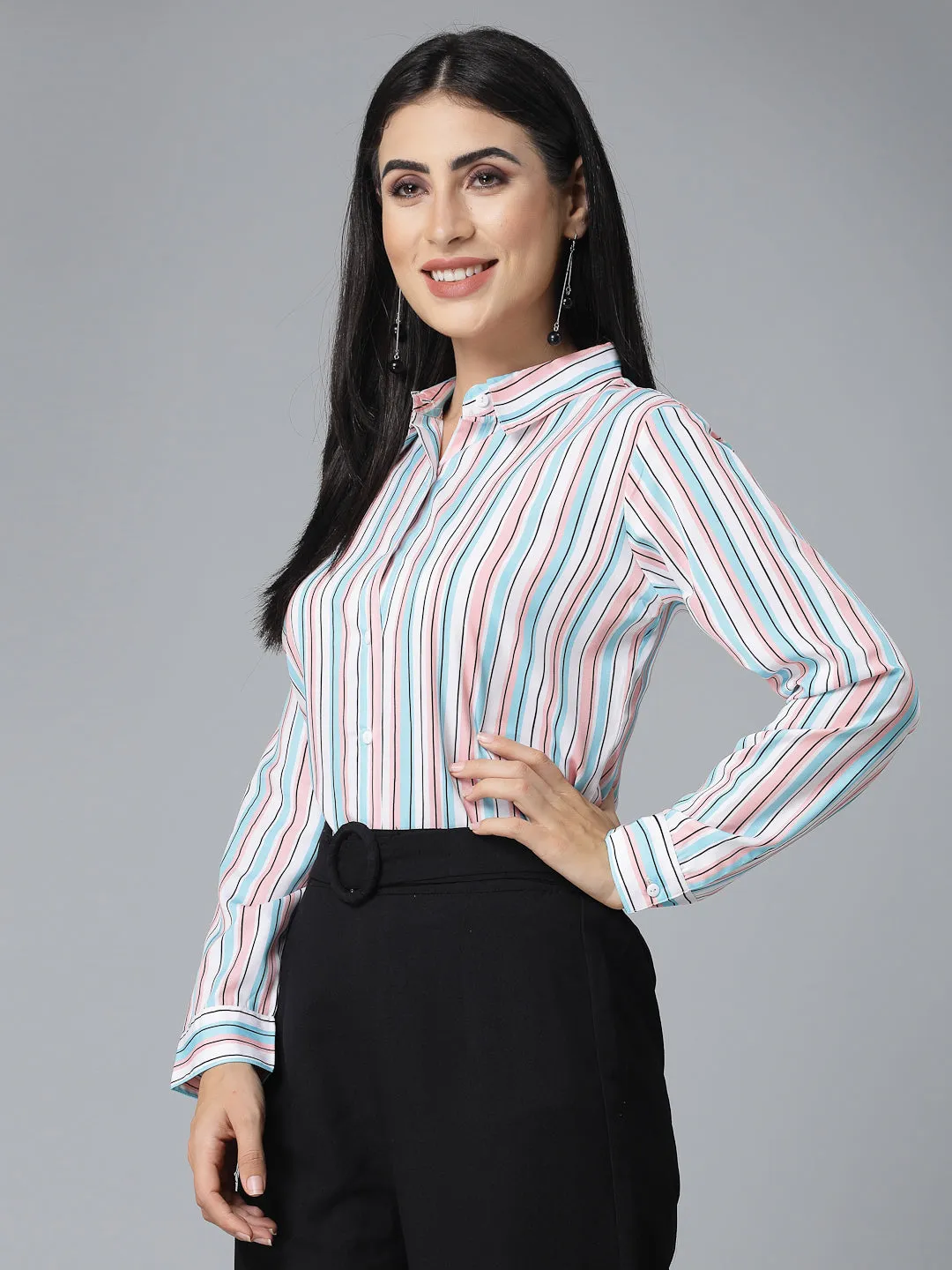 Style Quotient Women Pink and Blue Striped Regular Formal Shirt
