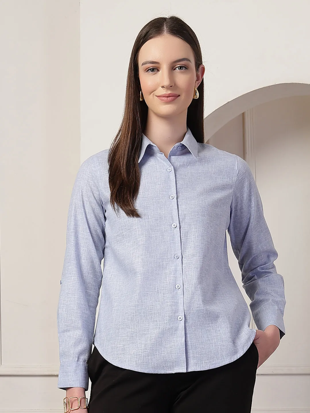 Style Quotient Women Powder Blue Self Design Linen Regular Fit Formal Shirt