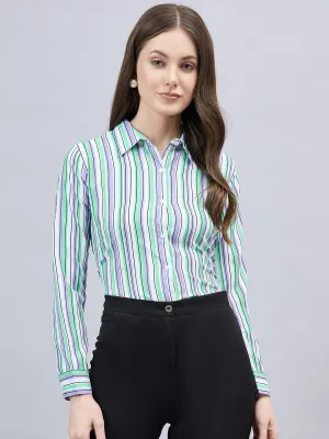 Style Quotient Women Purple And Green Stripe Printed Polyester Regular Fit Formal Shirt