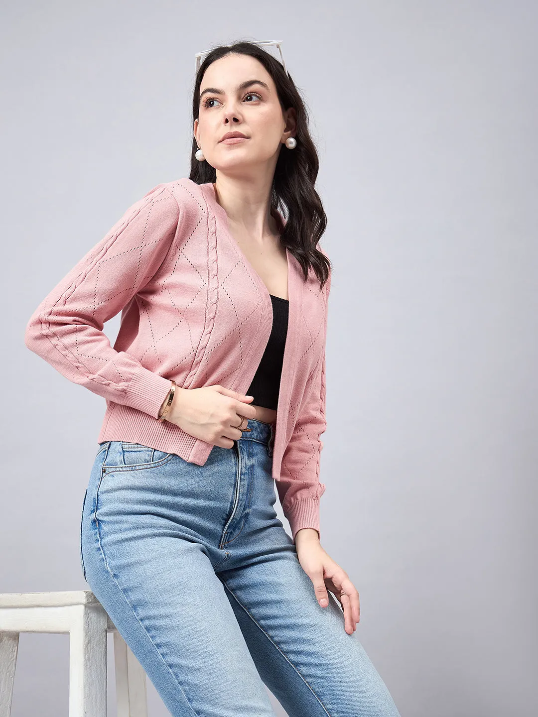Style Quotient Women Self Design Nude Flat Knit Smart Casual Shrug
