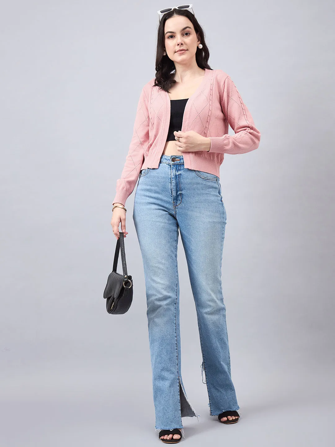 Style Quotient Women Self Design Nude Flat Knit Smart Casual Shrug