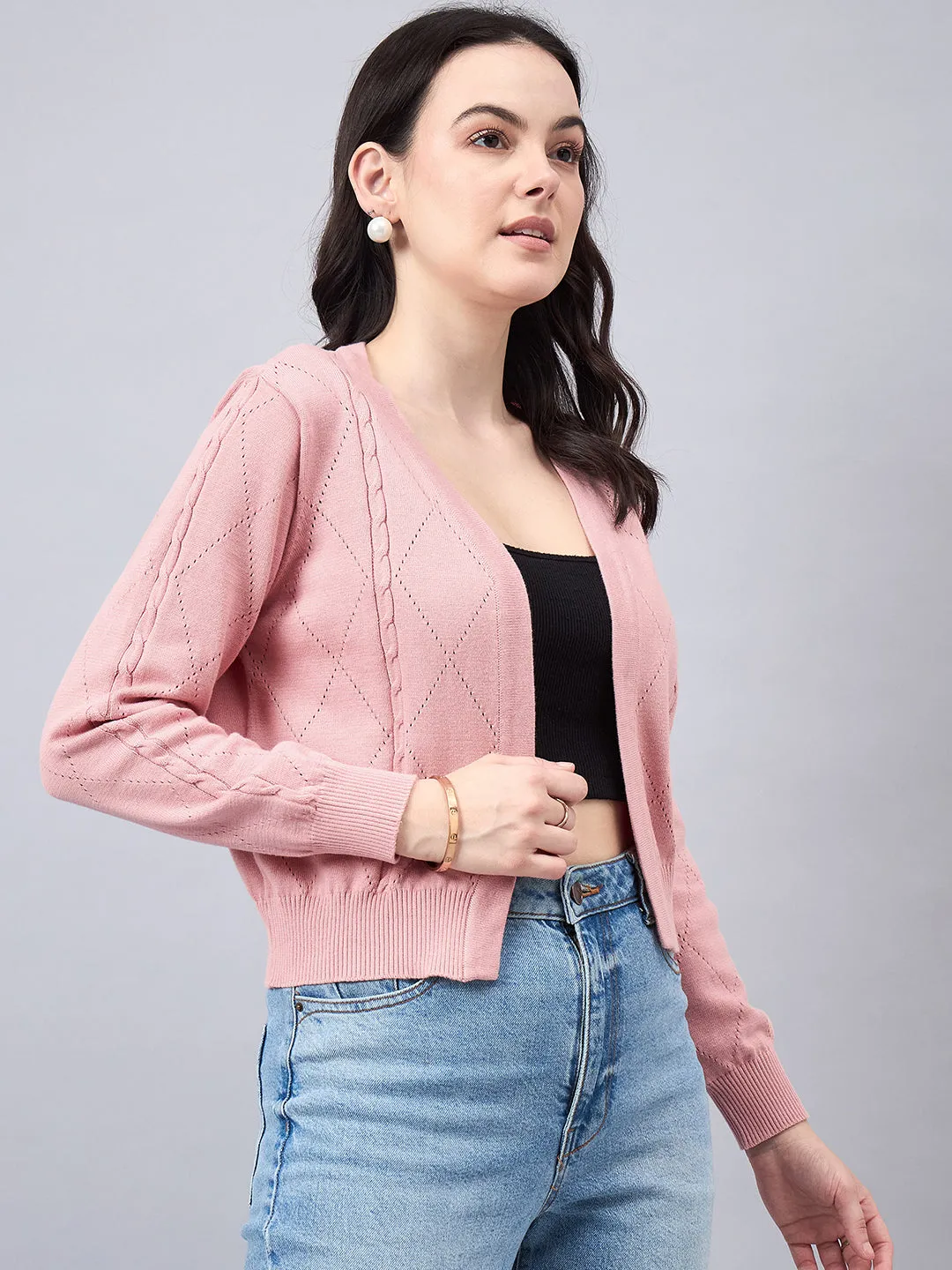 Style Quotient Women Self Design Nude Flat Knit Smart Casual Shrug