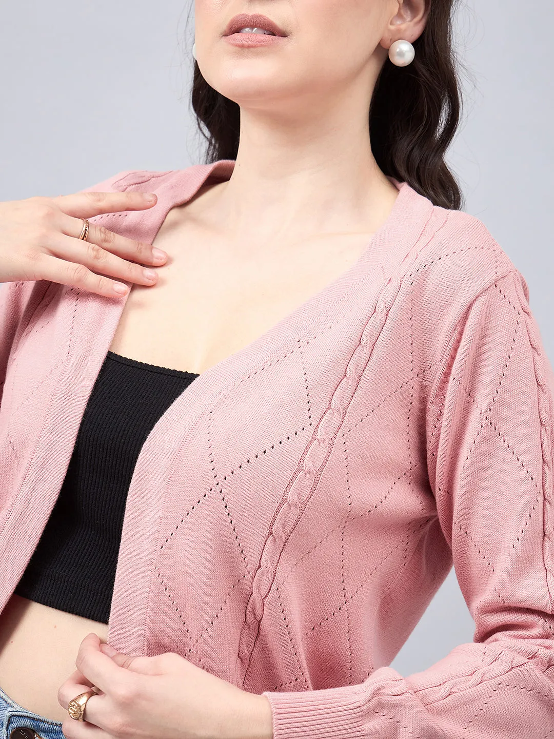 Style Quotient Women Self Design Nude Flat Knit Smart Casual Shrug