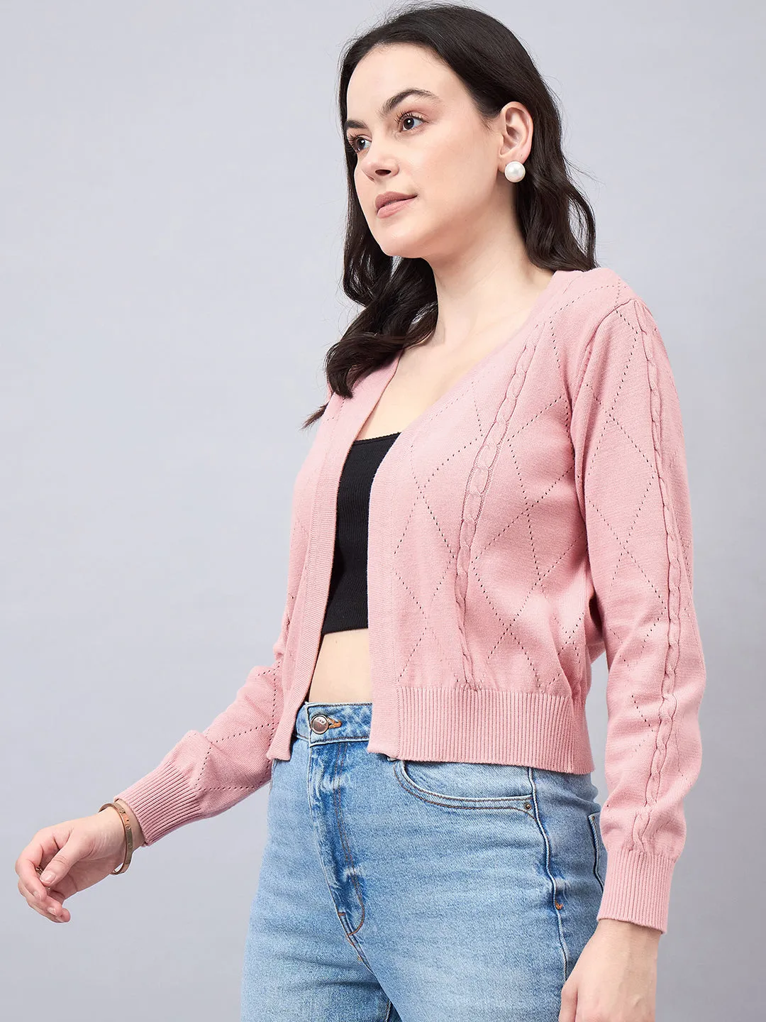 Style Quotient Women Self Design Nude Flat Knit Smart Casual Shrug