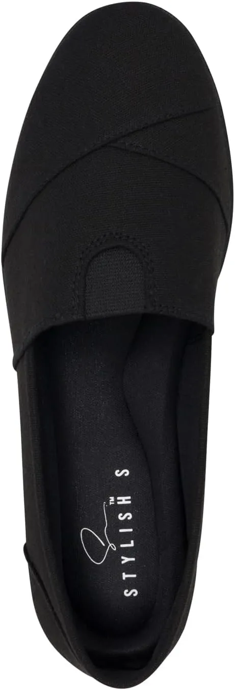 STYLISH S Comet ~ Women's Linen Seam Front Slip-On Flats Memory Foam Gel Insole (All Black Linen, 5.5)