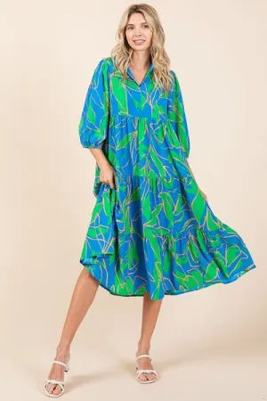 Tiered Printed Collared Neck Midi Dress