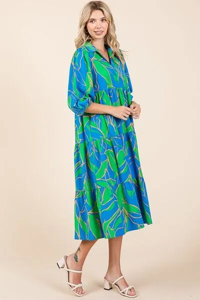 Tiered Printed Collared Neck Midi Dress