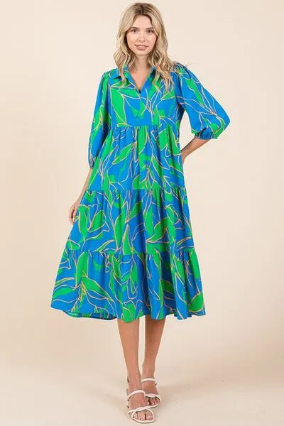 Tiered Printed Collared Neck Midi Dress