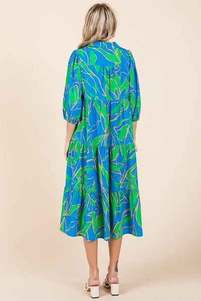 Tiered Printed Collared Neck Midi Dress