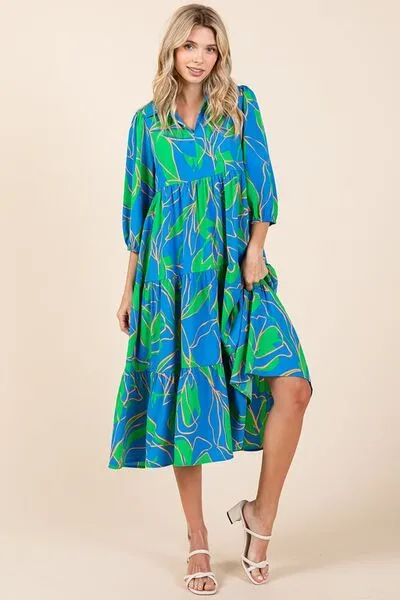 Tiered Printed Collared Neck Midi Dress