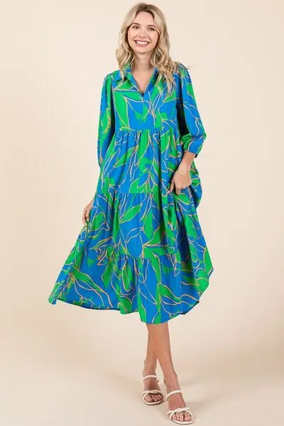 Tiered Printed Collared Neck Midi Dress