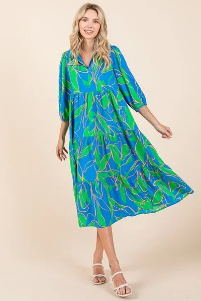 Tiered Printed Collared Neck Midi Dress