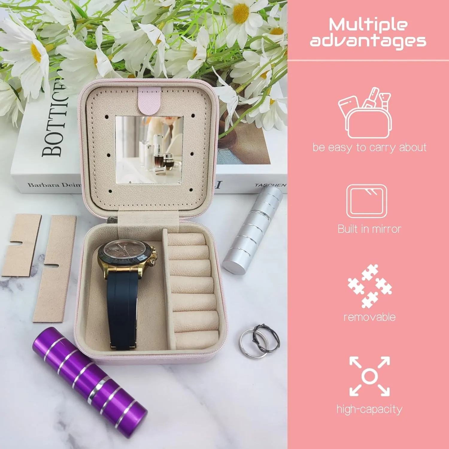 Travel Jewelry Case Organizer, Gifts for Women Teen Girls Initial Jewelry box with Mirror Vacation Beach Essentials Ring Necklace Earring Organizer Box (E)