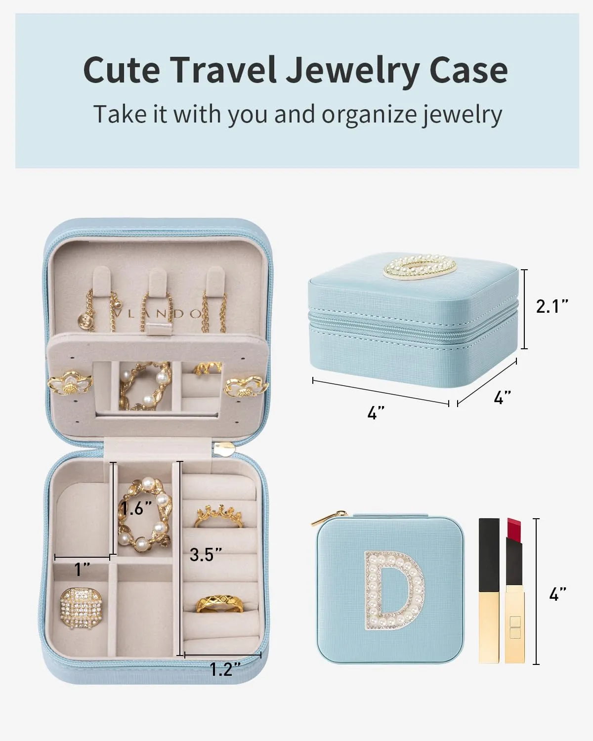 Vlando Travel Essentials for Women Jewelry Box, Travel Accessories for Teen Girl Trendy Stuff, Necklace Organizer Earrings Ring Organizer, Travel Must Have Jewelry Organizer - Letter D, Blue